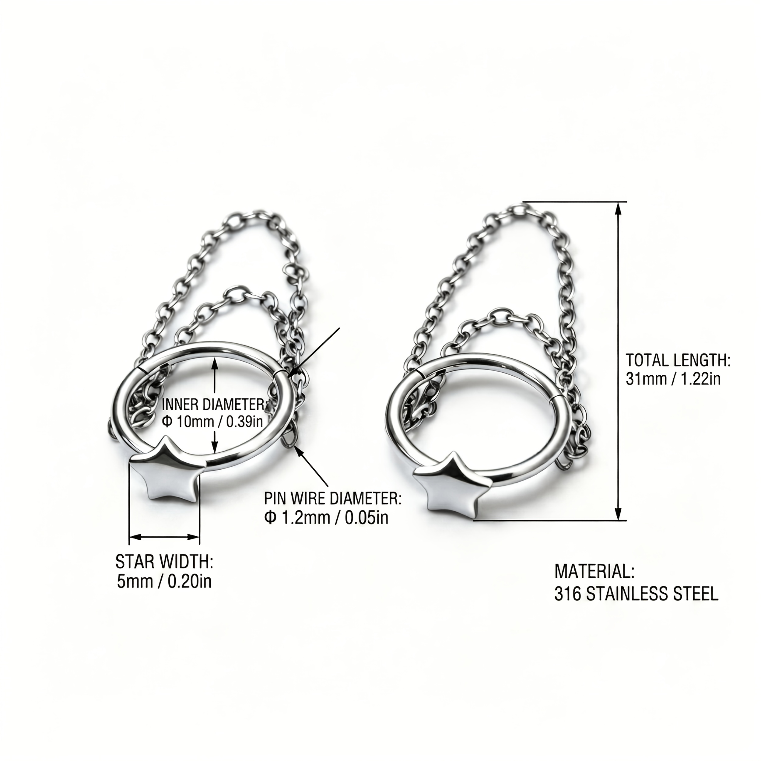 2pcs Y2K Star Chain Drop Hoop Earrings, Trendy Unisex Jewelry